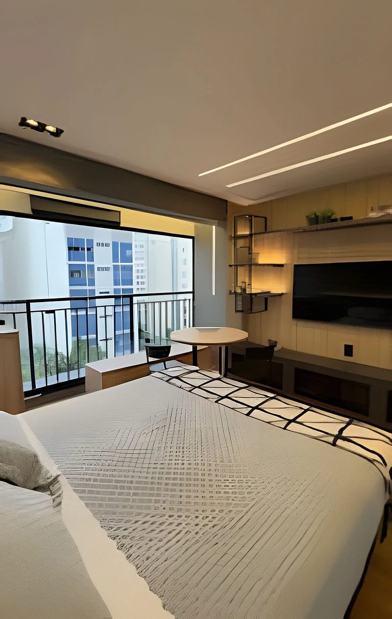 Flat Santa Cecília — Quarto com plantas e espelho